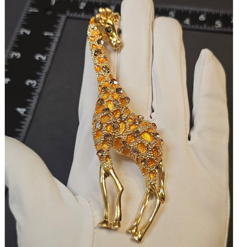 Giraffe Brooch Orange Gold Rhinestone Safari Statement Maximalist Avant Garde